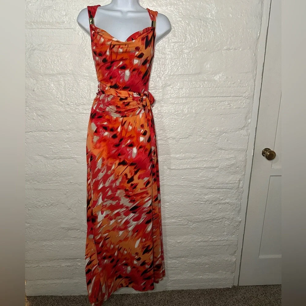 Calvin Klein Orange Red Floral Print Maxi Dress